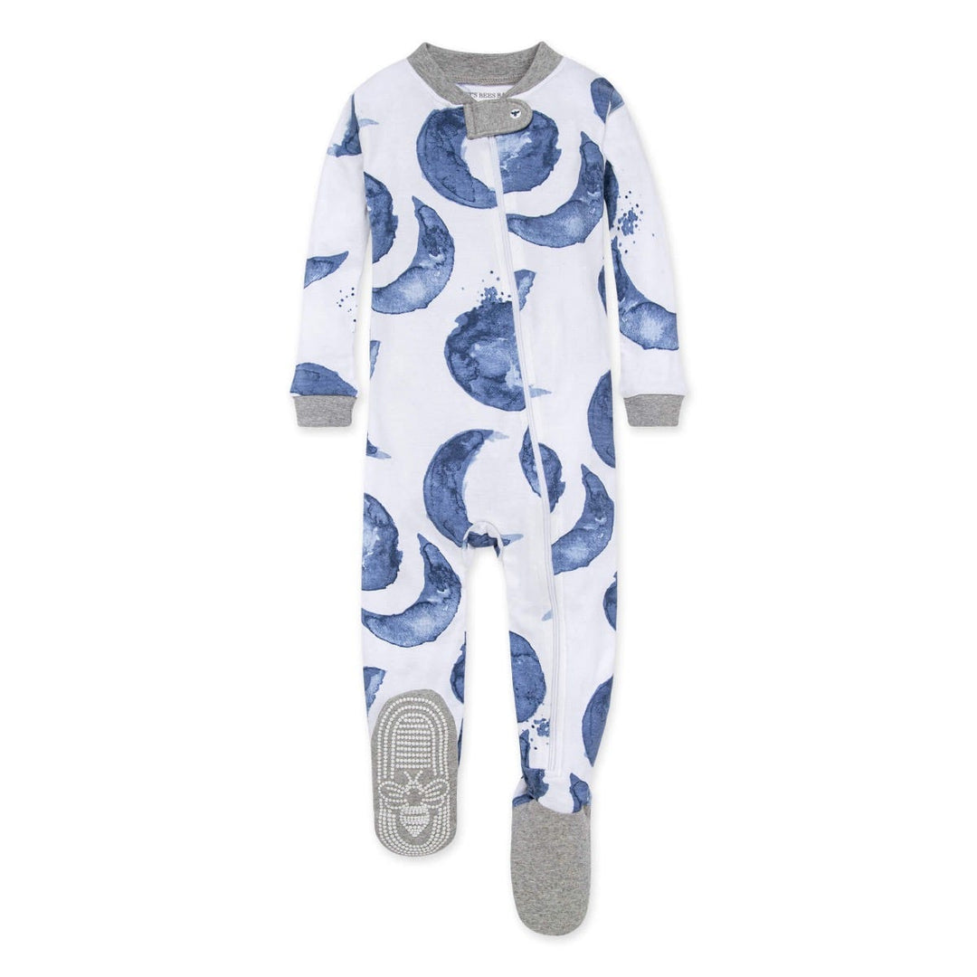 Watercolor Hello Moon! Organic Baby Zip Front Footed Pajamas