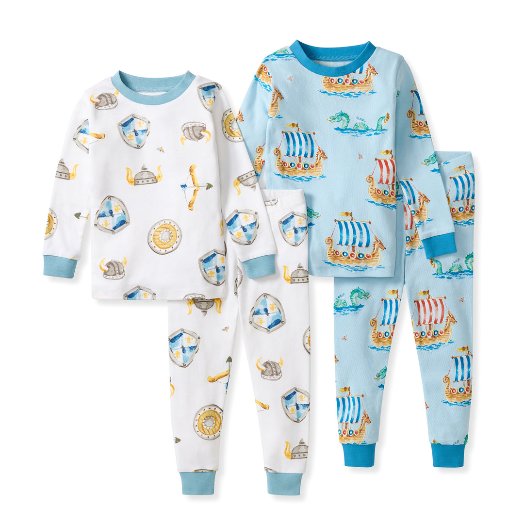 4 Piece Nordic Hero & Viking Ships Organic Cotton Two-Piece Pajamas